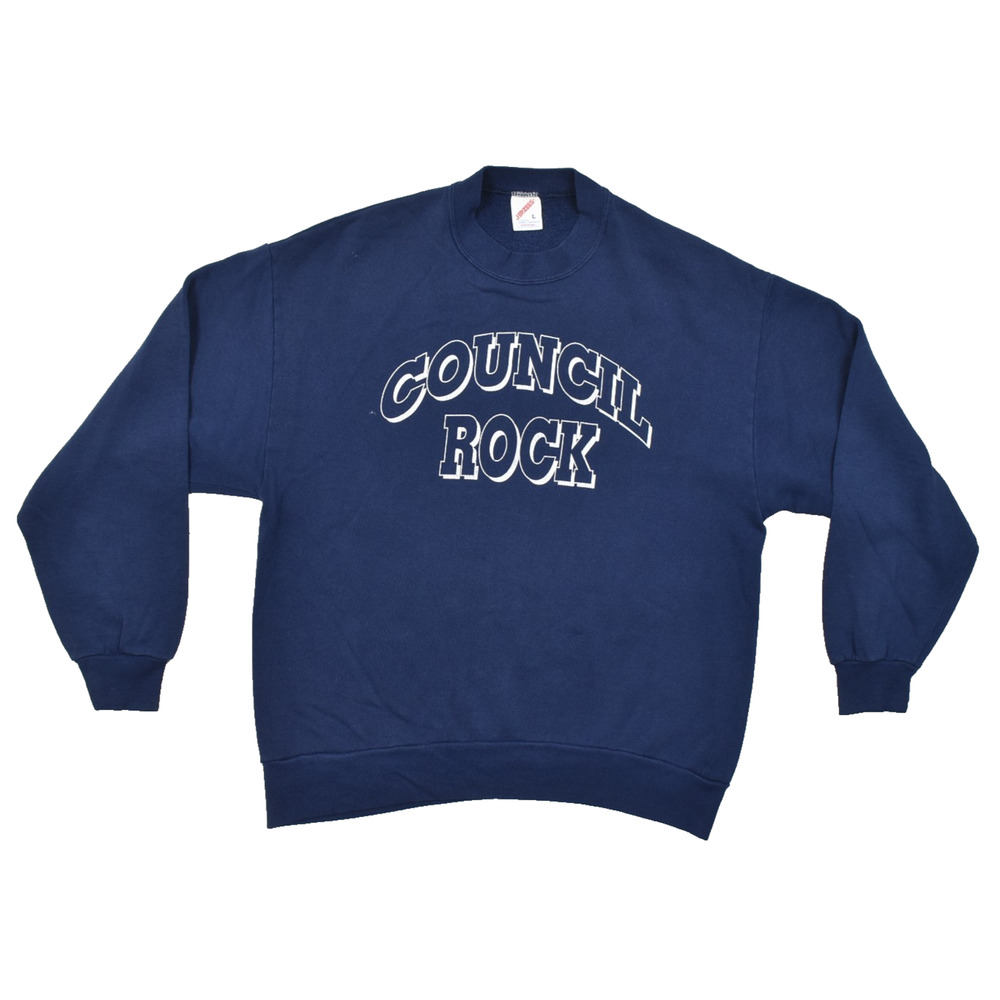 Jerzees Men's L Council Rock Vintage 90s Navy Blue Crewneck Sweatshirt USA Made